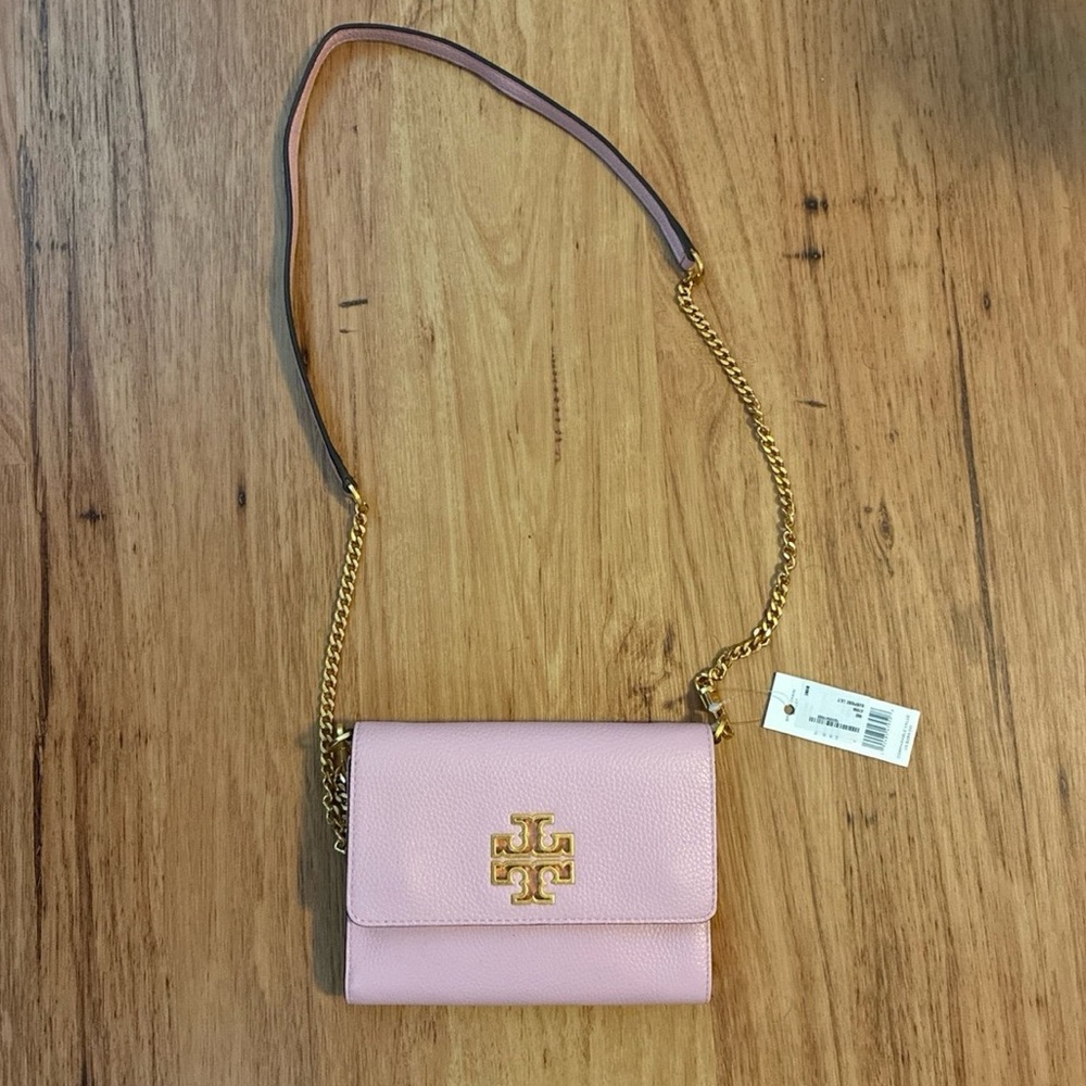 Tory Burch Pink and Gold Crossbody Bag with Chain Strap